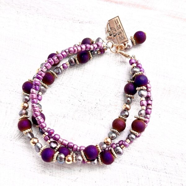 Purple Glass and Freshwater Pearl "You Can Do It" Triple-Strand Bracelet and Earring Set