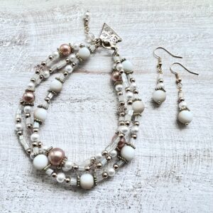 White and Beige Glass Pearl "Just Be You" Triple-Strand Bracelet and Earring Set