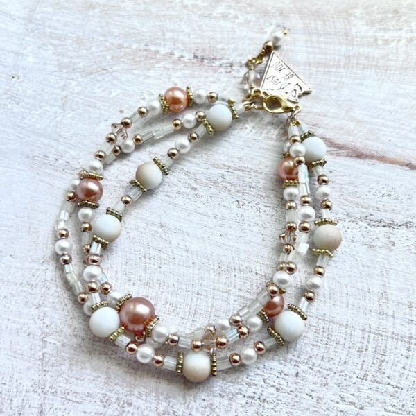 White and Beige Glass Pearl "Just Be You" Triple-Strand Bracelet and Earring Set