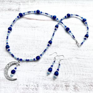 Royal Blue and Teal Bright Silver Moon Necklace and earrings