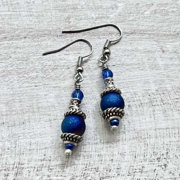 Royal Blue and Silver Triple Strand Bracelet and Earrings Set