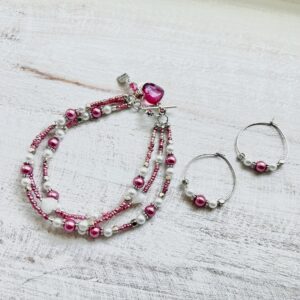 Pink and White Glass Pearl Triple Strand Bracelet and earrings Set