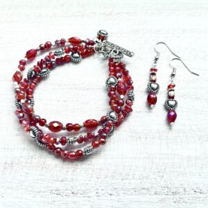 Triple Strand Iridescent Red Heart Bracelet and Earrings Set