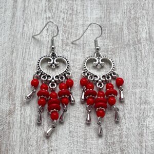 Red Glass and Turquoise Howlite Heart Chandelier Earrings