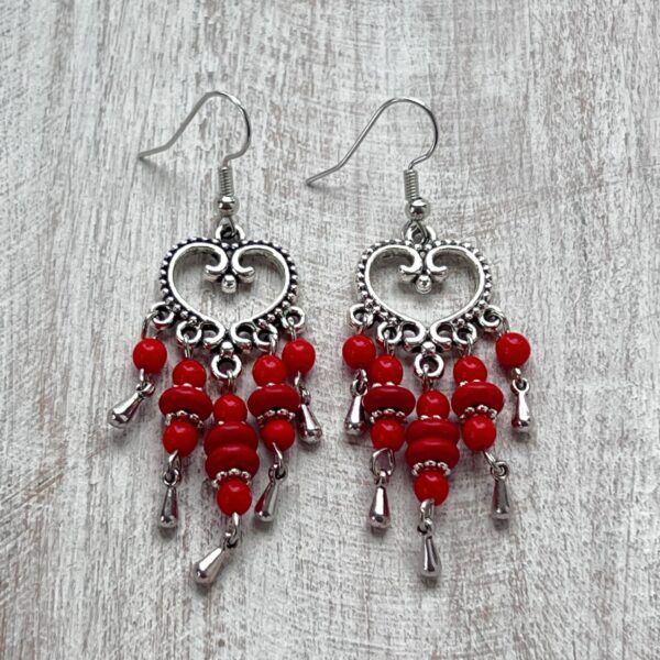 Red Glass and Turquoise Howlite Heart Chandelier Earrings