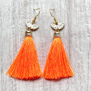 Fluorescent Orange Tassel and Gold Tone Half Moon Earrings
