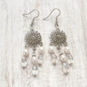 Iridescent Clear Faceted Ovals and White Pearl Glass Ovals Chandelier Earrings