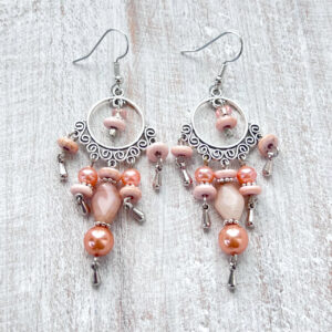 Peach Glass Pearl and Howlite Chandelier Earrings