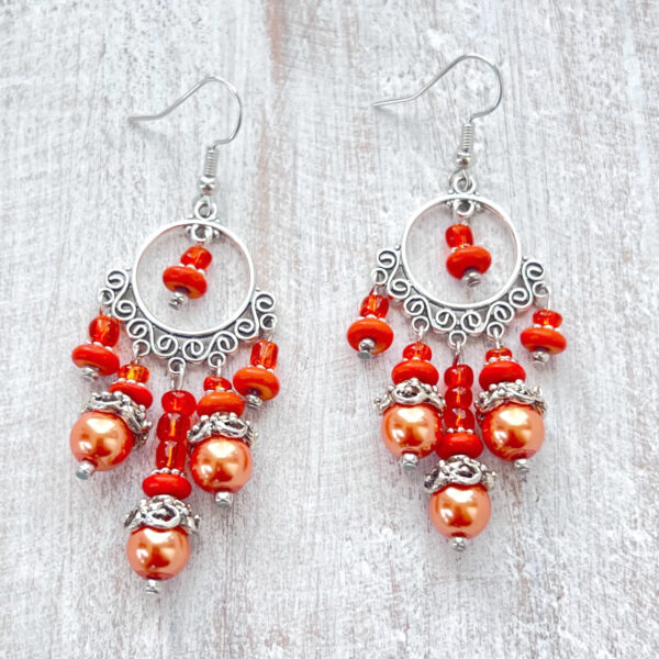 Orange Pearl and Turquoise Howlite Chandelier Earrings