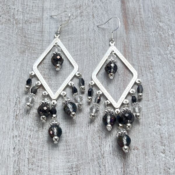 Bright Silver Gray and White Diamond-Shaped Chandlier Earrings