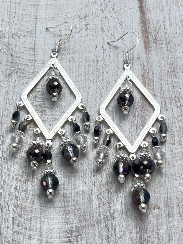 Bright Silver Gray and White Diamond-Shaped Chandlier Earrings