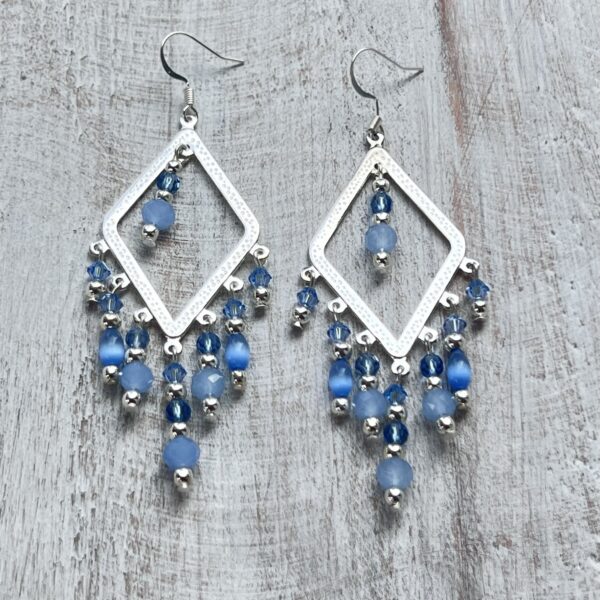 Bright Silver & Light Blue Diamond-Shaped Chandelier Earrings