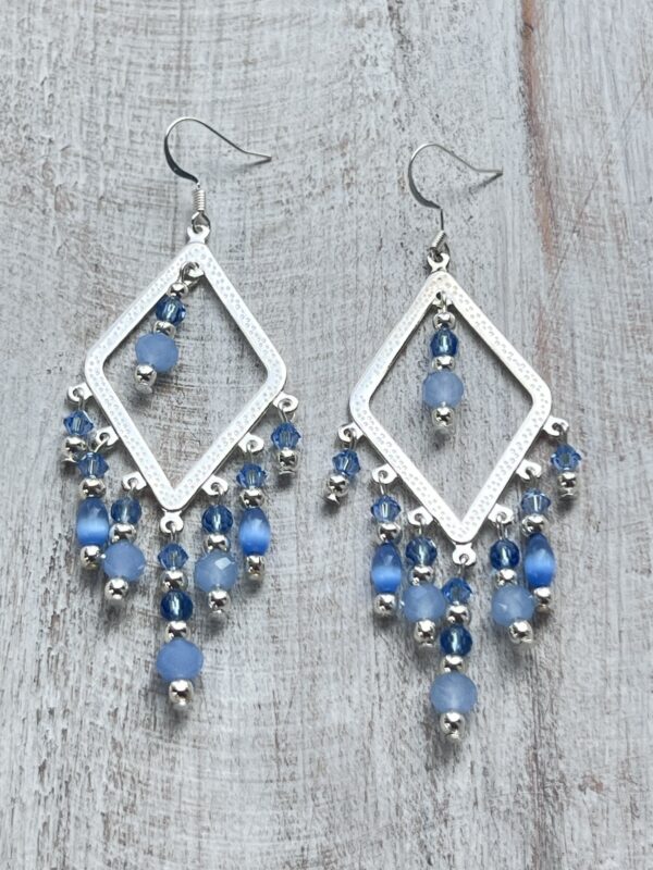 Bright Silver & Light Blue Diamond-Shaped Chandelier Earrings