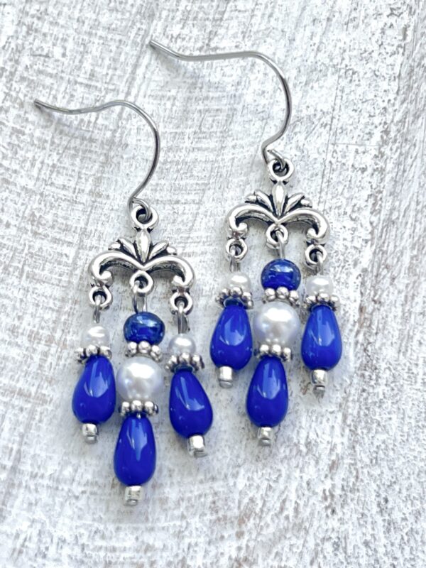 Blue & White Glass Pearl Triple Chandelier Earrings
