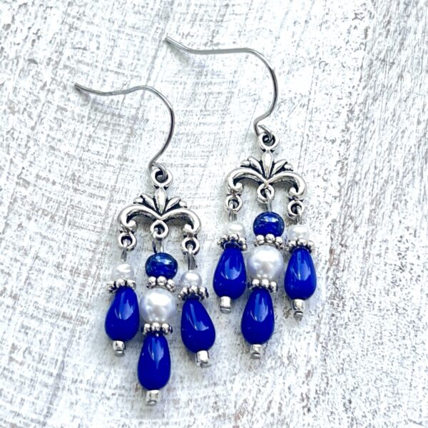 Blue & White Glass Pearl Triple Chandelier Earrings