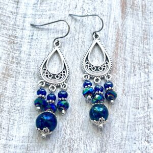 Black and Blue Iridescent Three-Hole Chandelier Earrings