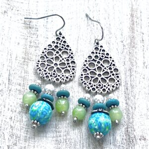 Green Glass, White Pearl, Turquoise Howlite and Polymer Clay Three-Hole Flower Chandelier Earrings