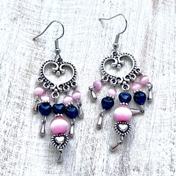 Pink Tiger's Eye Glass and Black Striped Agate Heart Chandelier Earrings
