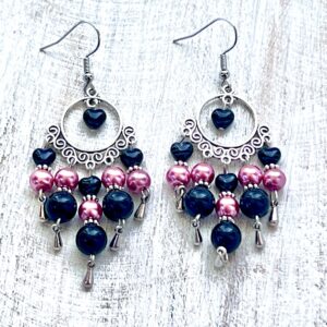 Black Stone & Pink Glass Pearl Chandelier Earrings