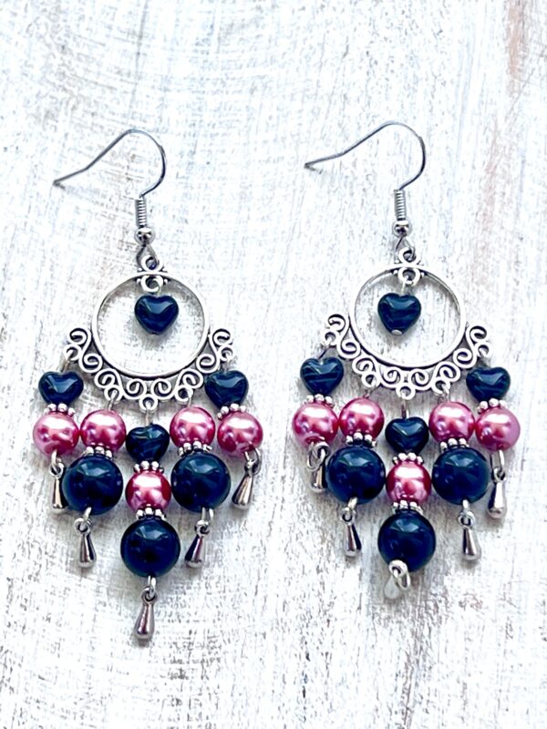 Black Stone & Pink Glass Pearl Chandelier Earrings