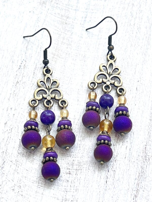 Frosted Purple and Gold Bronze Chandelier Earrings