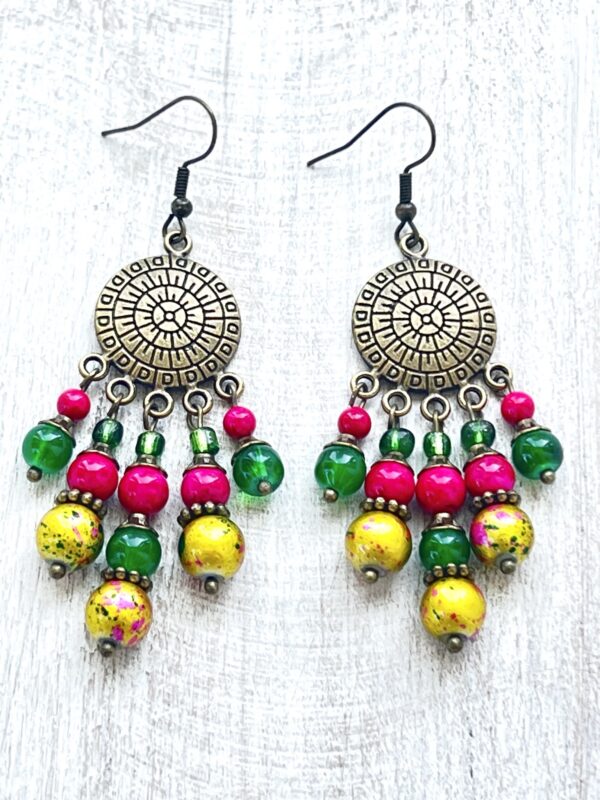 Hot Pink, Green & Painted Gold Bronze Earrings