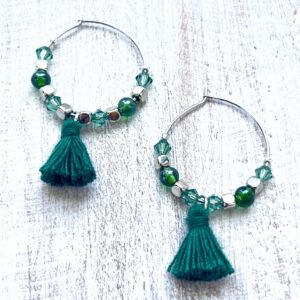Hunter Green Glass & Tassel Silver Tone Hoop Earrings