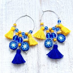 Blue & Yellow Glass, Clay & Tassel Silver Tone Hoop Earrings