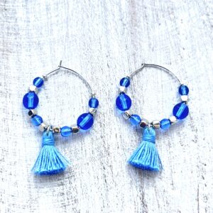 Light Blue Glass & Tassel Silver Tone Hoop Earrings