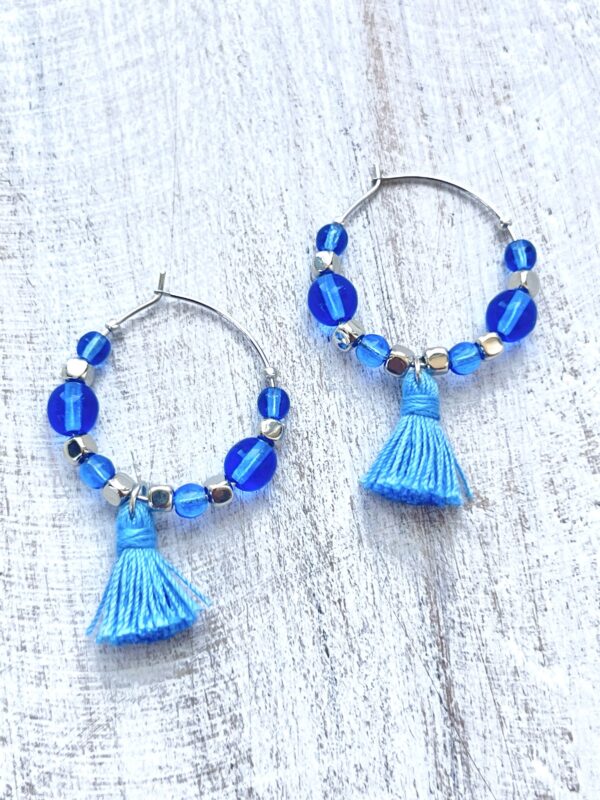 Light Blue Glass & Tassel Silver Tone Hoop Earrings