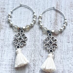 Cream Glass Pearl & Tassel Silver Tone Hoop Earrings