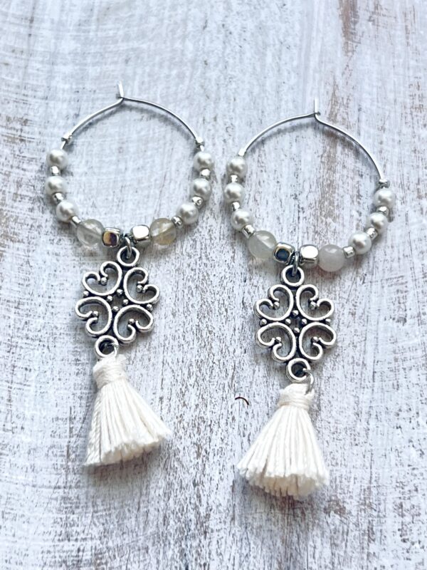 Cream Glass Pearl & Tassel Silver Tone Hoop Earrings