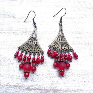 Red Frosted and Faceted Glass Bronze Chandelier Earrings