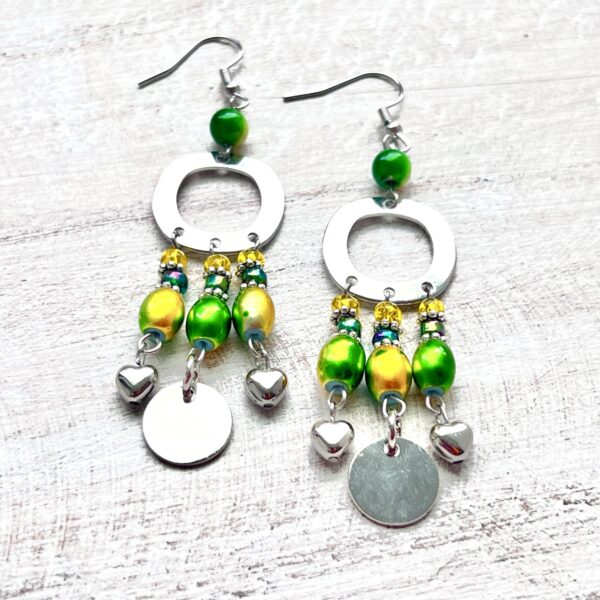 Yellow and Green Circle Chandelier Earrings