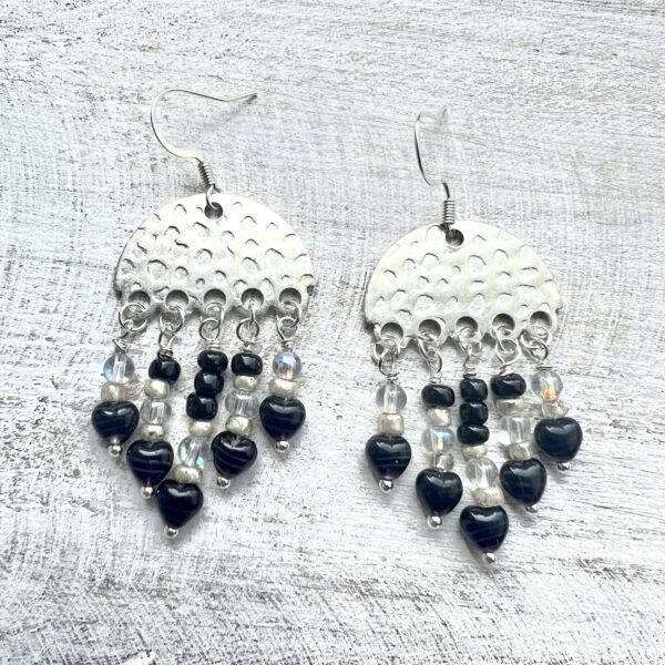 Bright Silver Black and Clear Glass Half Circle Chandelier Earrings