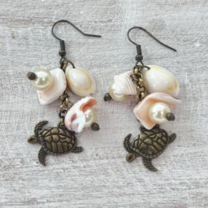 Bronze Turtle, Pearl and Shell Chain Dangle Earrings