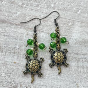 Bronze Turtle, Pearl and Green Glass Chain Dangle Earrings