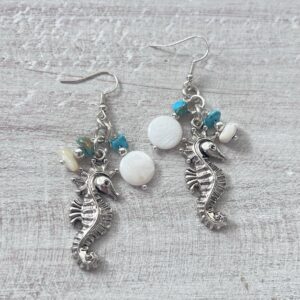 Shell and Turquoise Large Seahorse Double Dangle Earrings