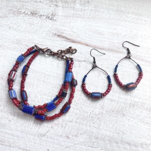 Red and Blue Glass Copper triple Strand Bracelet and Earrings Set