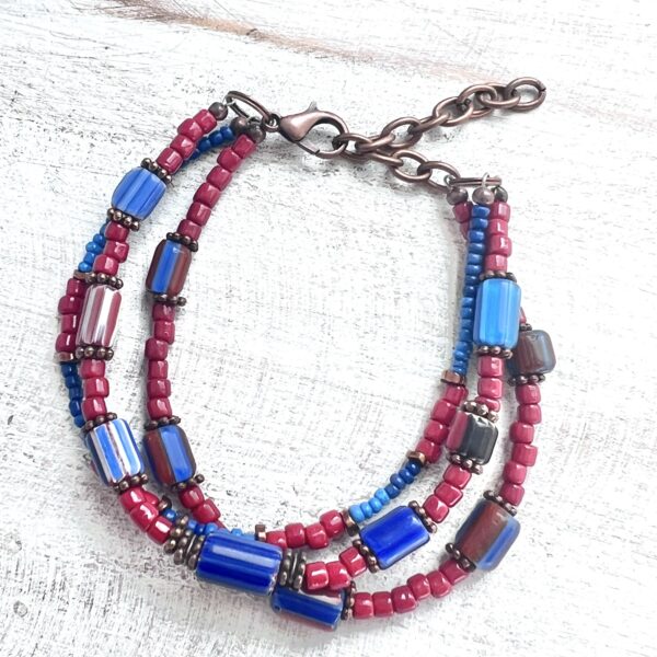 Red and Blue Glass Copper triple Strand Bracelet and Earrings Set