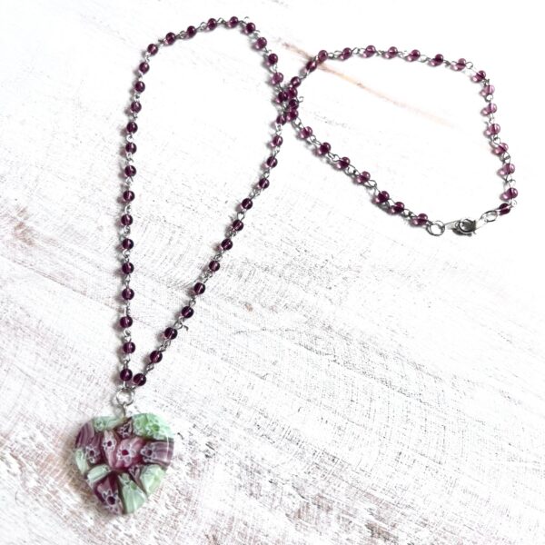 Purple and Green Millefiori Heart Necklace