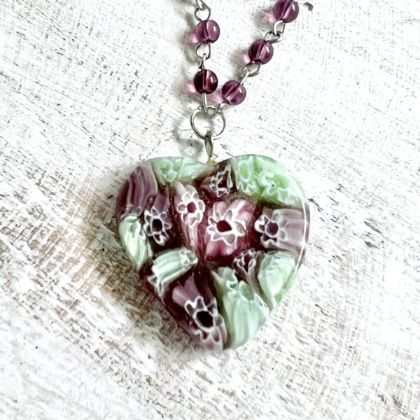 Purple and Green Millefiori Heart Necklace