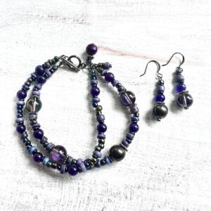Purple Agate and Glass Double Strand Gunmetal Bracelet and Earrings
