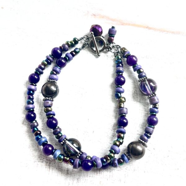 Purple Agate and Glass Double Strand Gunmetal Bracelet and Earrings