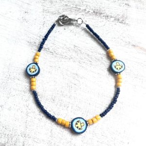 Blue & Yellow Seed Bead and Polymer Clay Mushroom Anklet