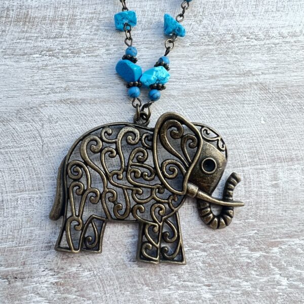 Blue Turquoise and Bronze Elephant Necklace and Earrings