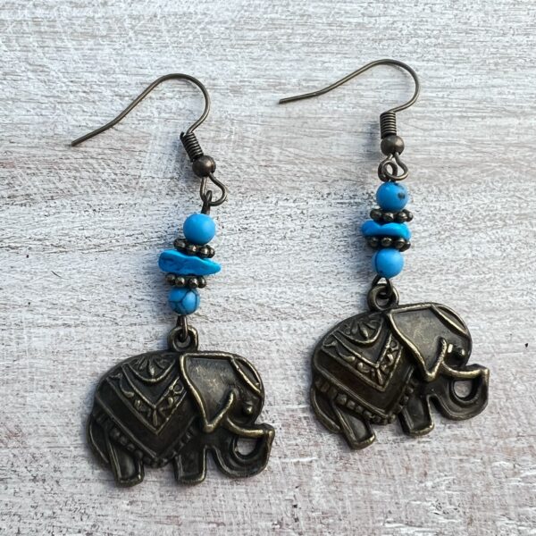 Blue Turquoise and Bronze Elephant Necklace and Earrings