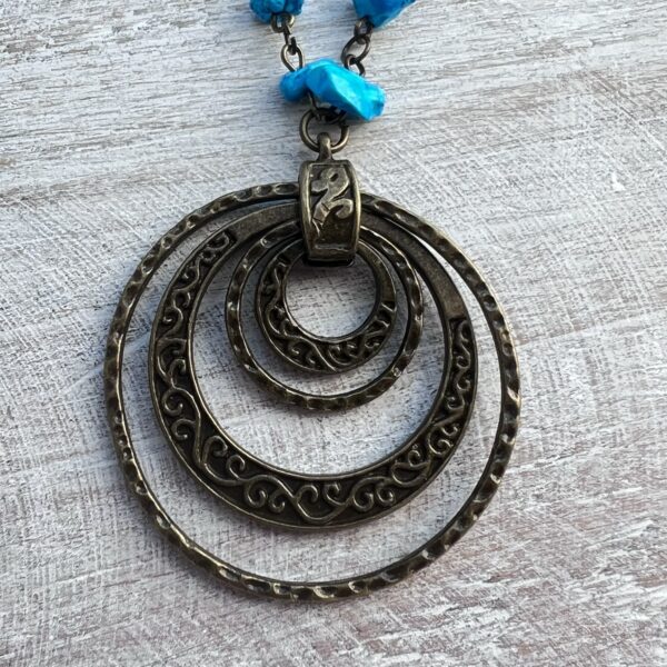 Blue Turquoise Bronze Circle Necklace and Heart Earrings