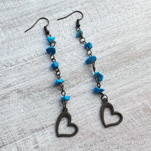 Blue Turquoise Bronze Circle Necklace and Heart Earrings