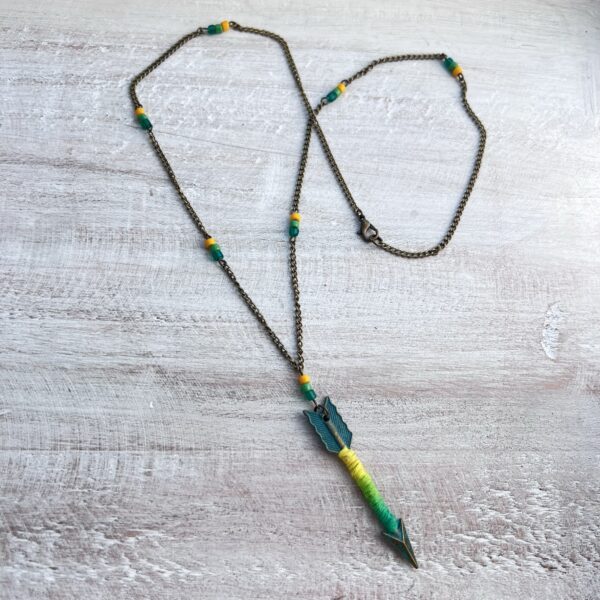 Yellow and Green Patina Arrow Bronze Necklace